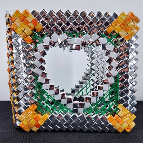 Vintage Woven Silver Candy Wrapper Heart Photo Frame Handmade Unique Decorative - Picture 1 of 7